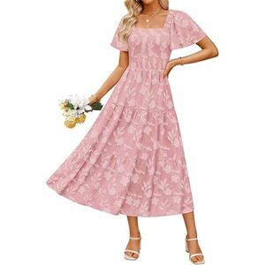 Women's Pink Square Neck A Line Short Sleeve Casual Summer Graduation Long Dress